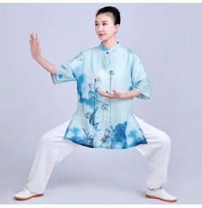 Women's blue floral Chinese Kung Fu uniforms Cotton and linen breathable Tai chi clothing martial art wushu stage performance suit for female
